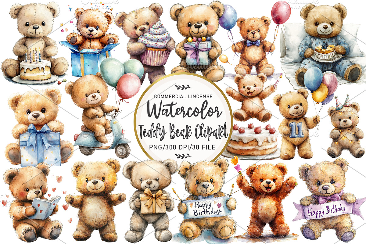 Birthday Teddy Bear Clipart, an Illustration by OK Design (Photo 1 of 5)