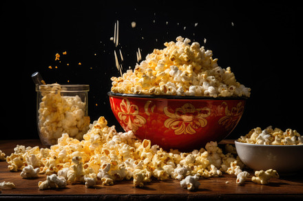 Popcorn in a bowl on a black backgro, a Photo by Iftikhar Alam