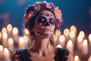 Woman with sugar skull makeup and flower crown celebrates Day of the Dead in a, a Holiday Photo by AlyaAnd