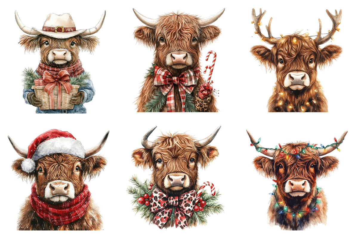 Christmas Highland Cow Clipart, an Illustration by SinaCreation (Photo 4 of 7)