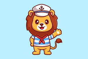 Cute Lion Sailor Captain Waving Hand, an Animal Illustration by Catalyst Labs
