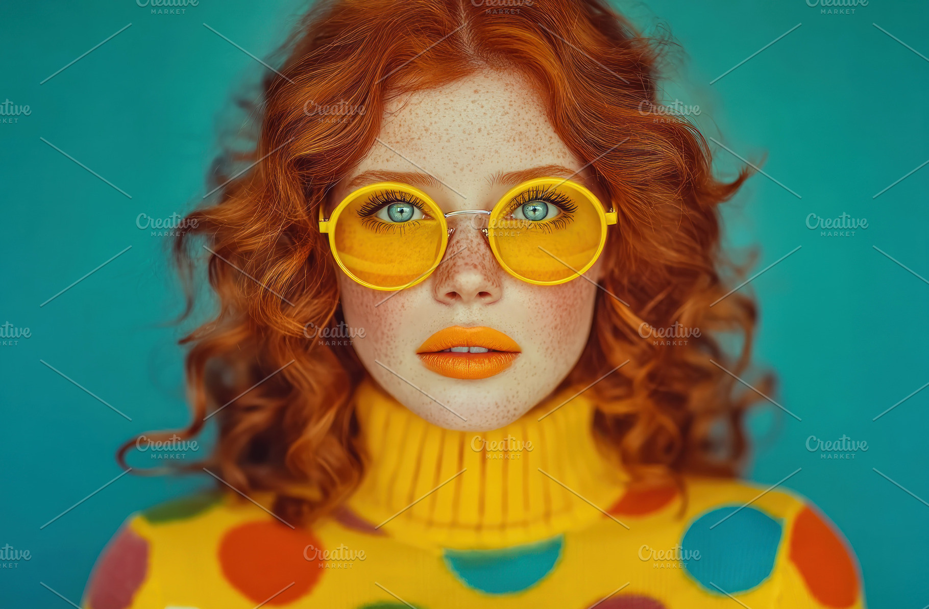 Stylish young woman with red curly hair wearing yellow sunglasse, a Photo by José Manuel Gelpi