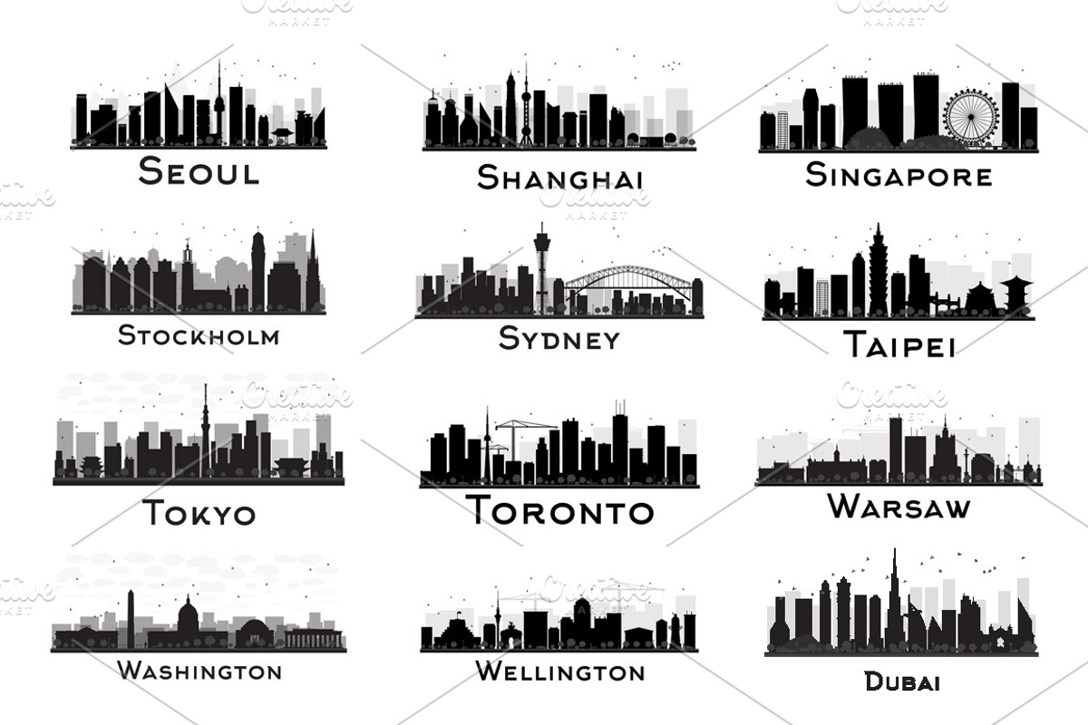 60 City Skyline Silhouettes Set, an Illustration by Booblgum (Photo 6 of 10)