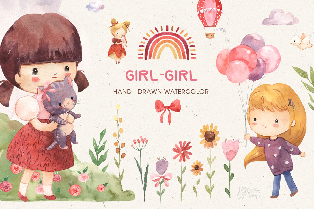 GIRL- GIRL. Watercolor clipart, a Person Illustration by OlliArtDesign (Photo 1 of 5)