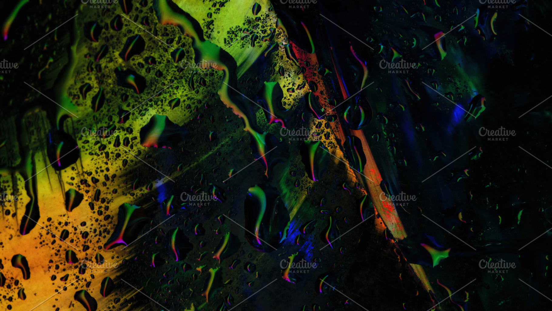 Abstract close-up of wet glass with glowing yellow, green, and r, a Background Photo by Ales Munt