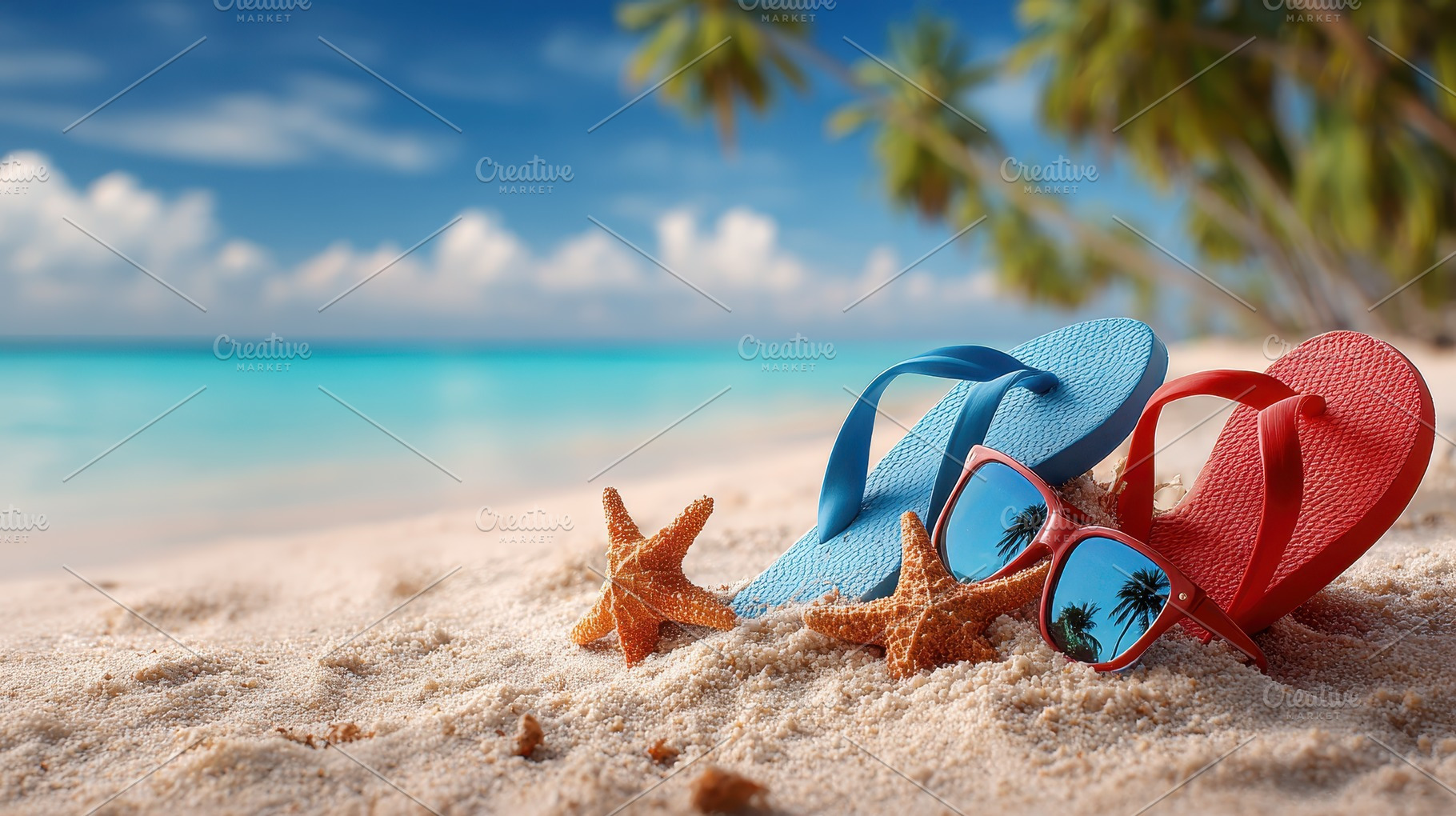 Beach Vacation Flip Flops Sunglasses, a Photo by Pixeness Studio