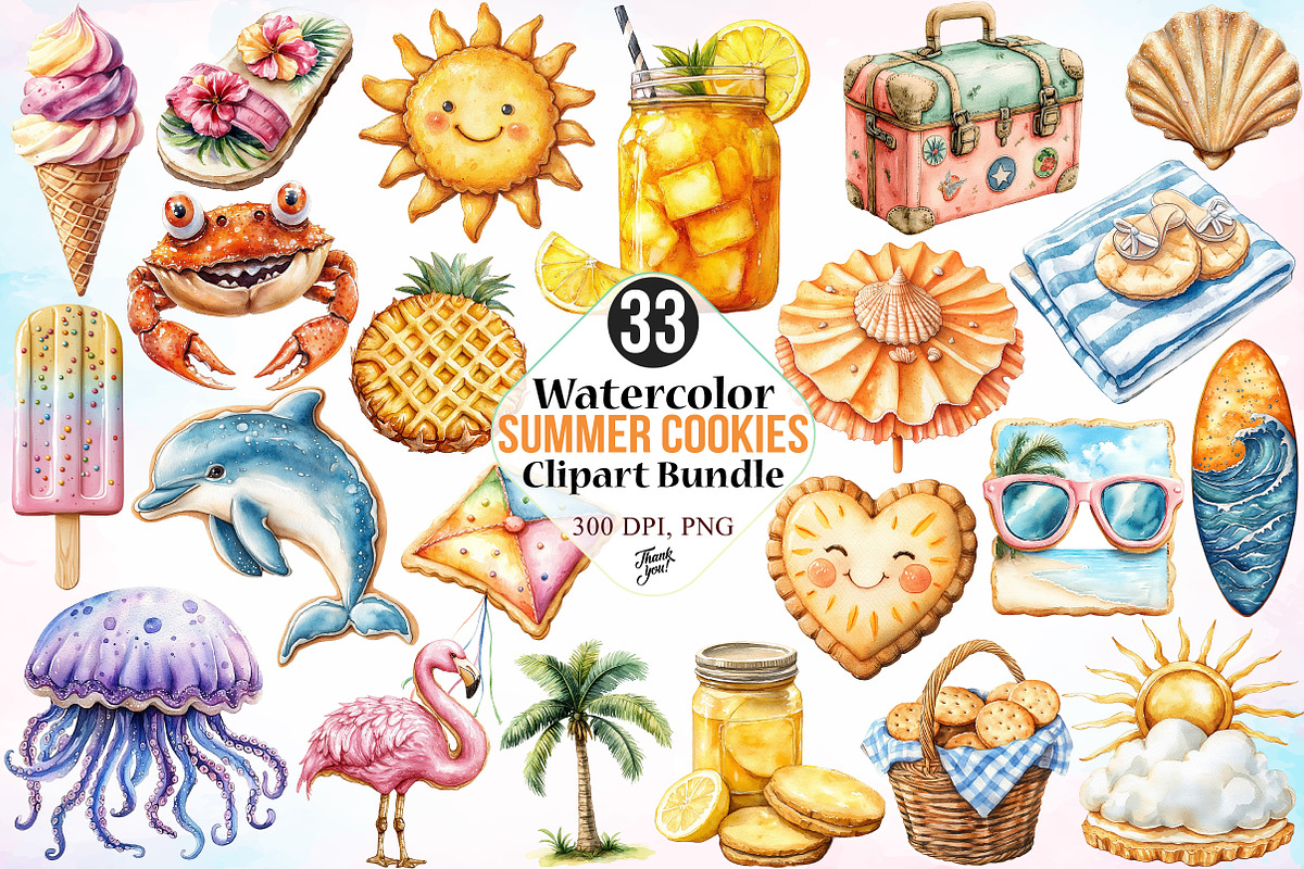 Watercolor Summer Cookies Clipart, a Seasonal Illustration by Canvas Craft (Photo 1 of 3)