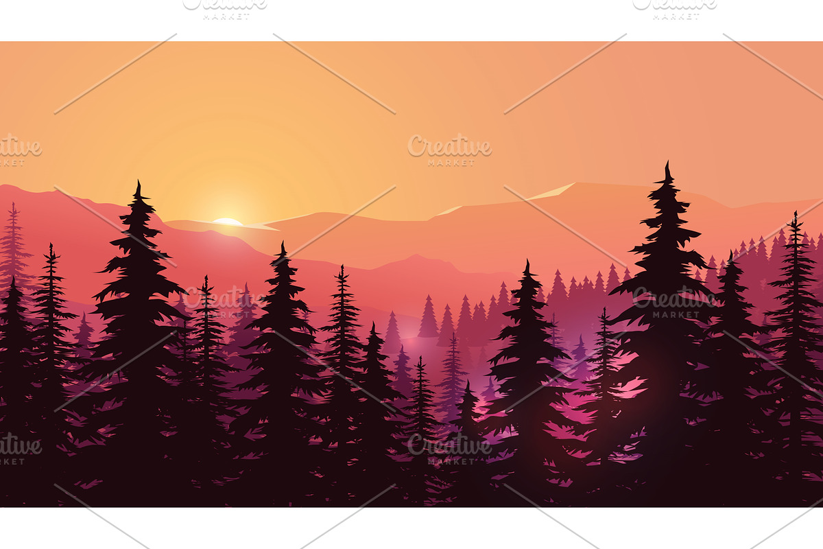 a sunset over forest mountain, an Illustration by IfH