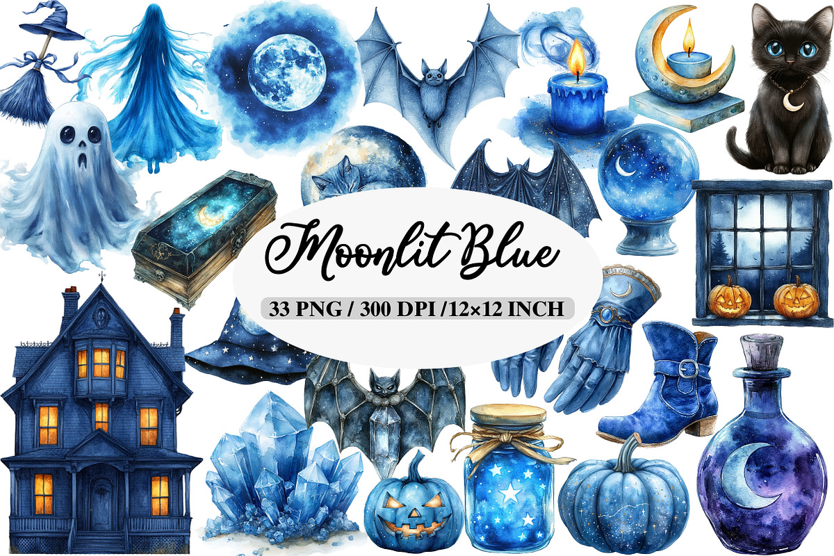 Moonlit Blue Halloween Clipart, an Illustration by Daily.Designs (Photo 1 of 5)
