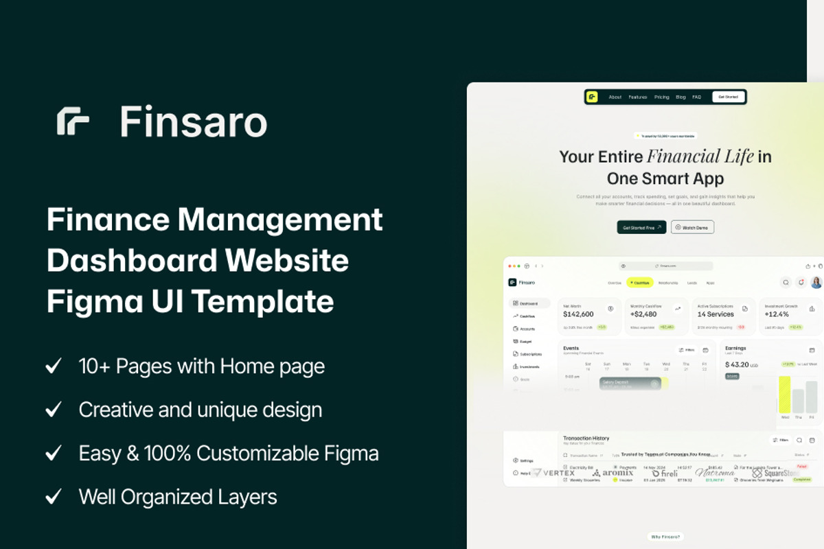 Finsaro – Financial Website Figma UI, an UI Kit Template by TNCFlow (Photo 1 of 5)