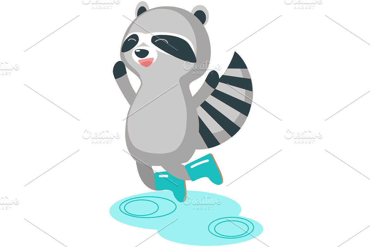 Vector raccoon jumping in puddle, an Animal Illustration by SiberianArt