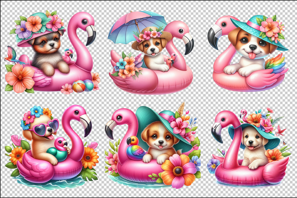Summer Baby Dogs on Flamingo Clipart, a Graphic by SinaCreation (Photo 3 of 4)