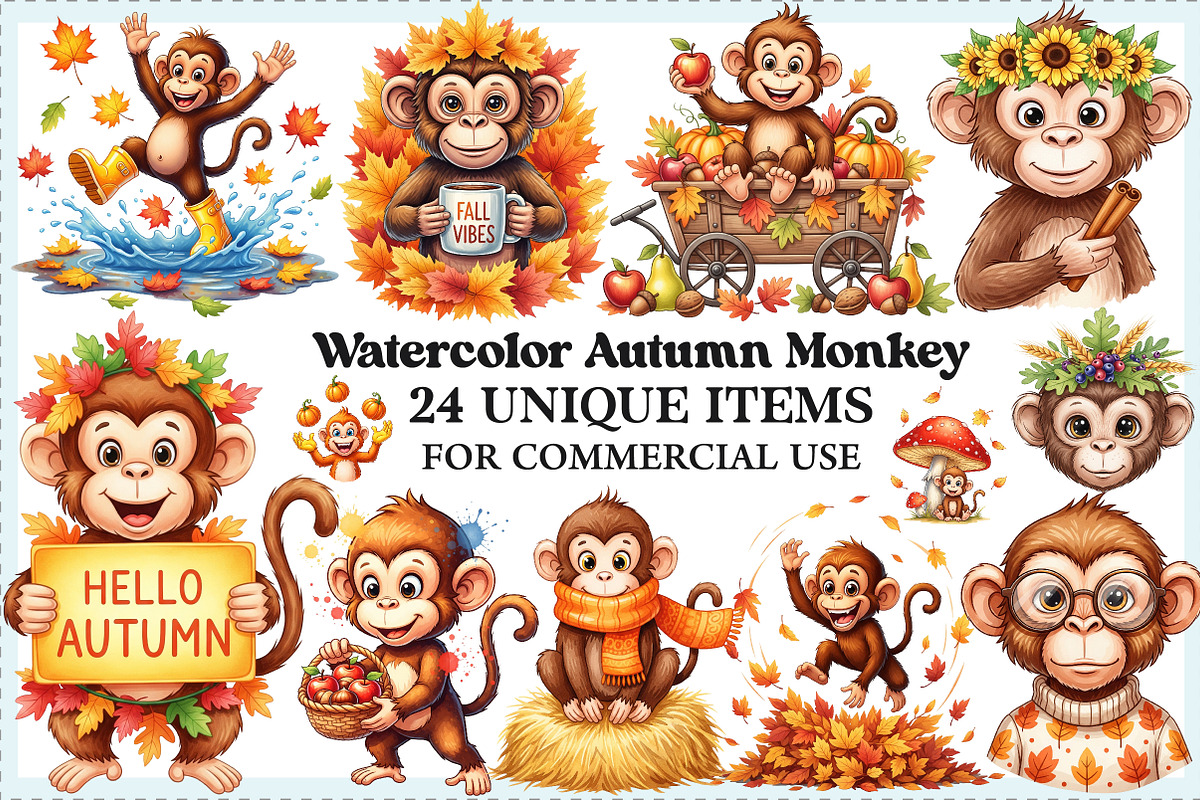 Watercolor Autumn Monkey Clipart, an Illustration by Craft Nest (Photo 1 of 6)