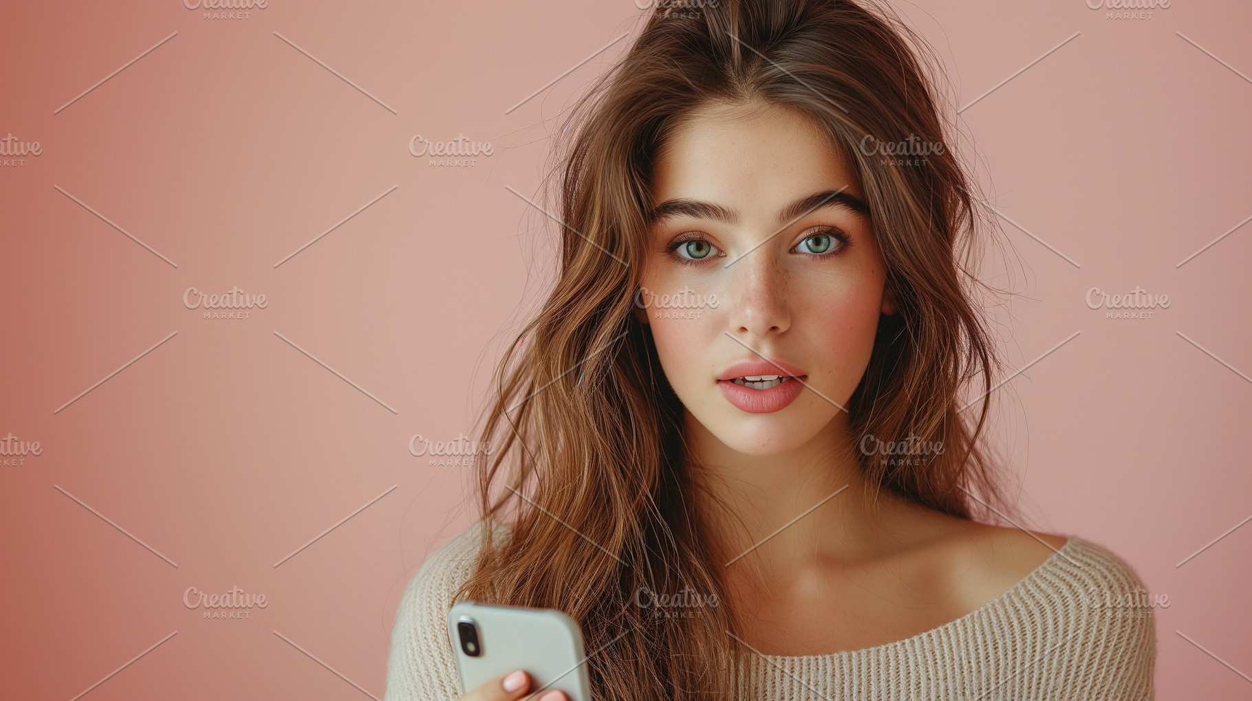 A young Caucasian woman with wavy hair holds a smartphone against a soft pink b, a Person Photo by ImageMir