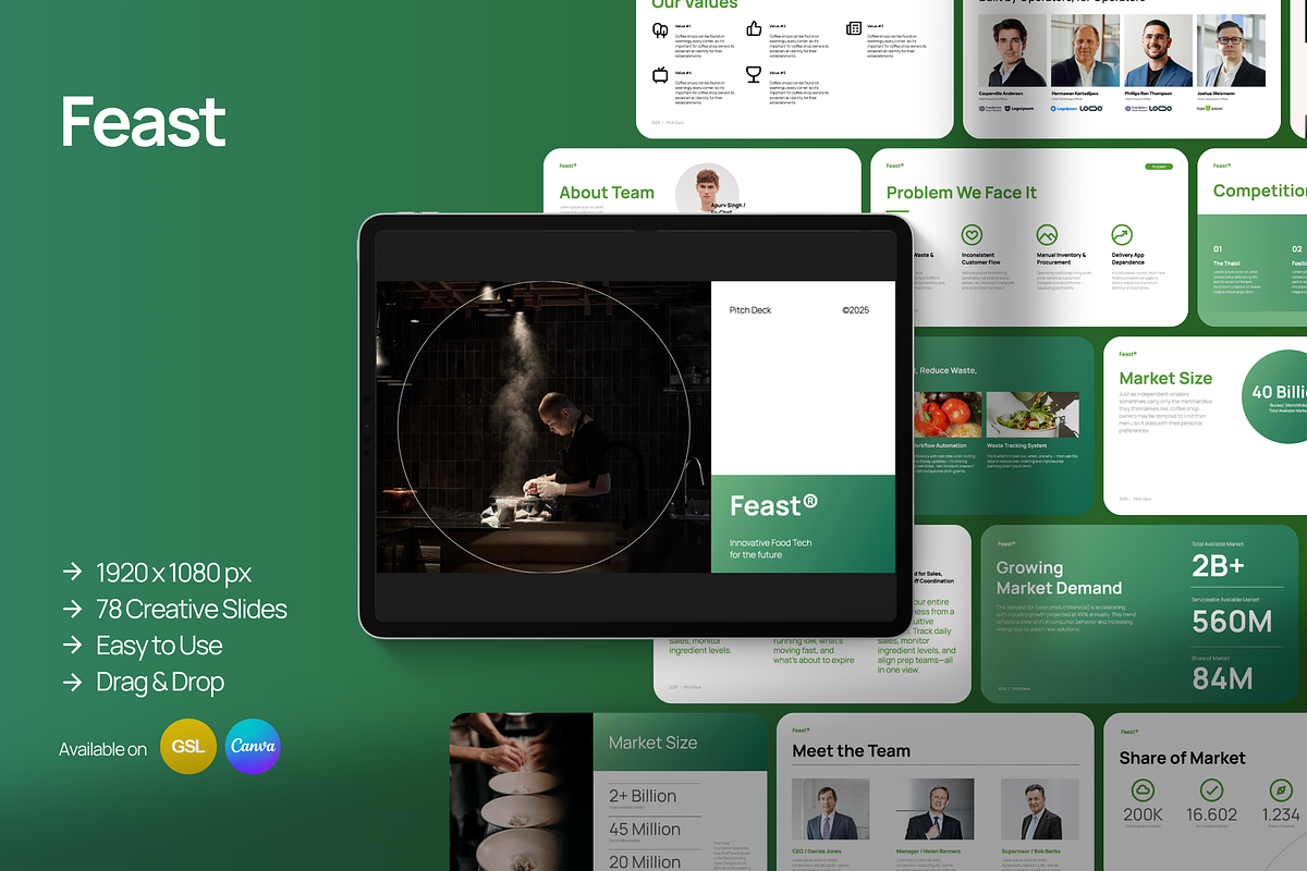 Feast Startup Pitch GSlides Canva, a Presentation Template by Unich Design Bureau (Photo 1 of 11)