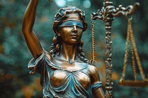 Blindfolded Lady Justice statue with scales in outdoor setting, a Photo by AS photostudio