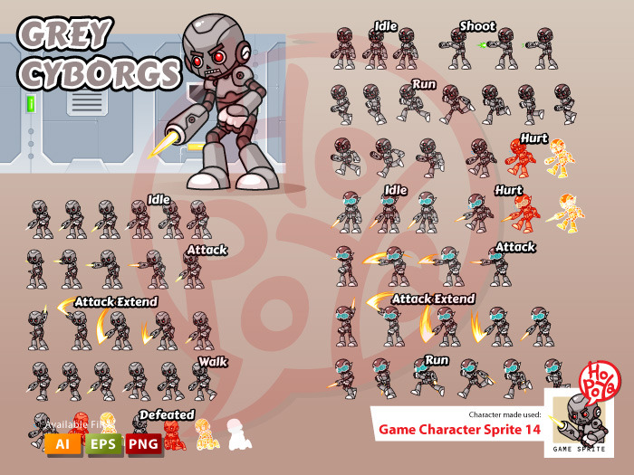 Grey Cyborgs Game Sprites, an Object Illustration by mikailain