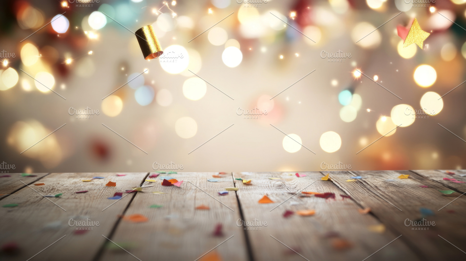 Festive bokeh lights above wooden ta, a Photo by Dvoevnore photos