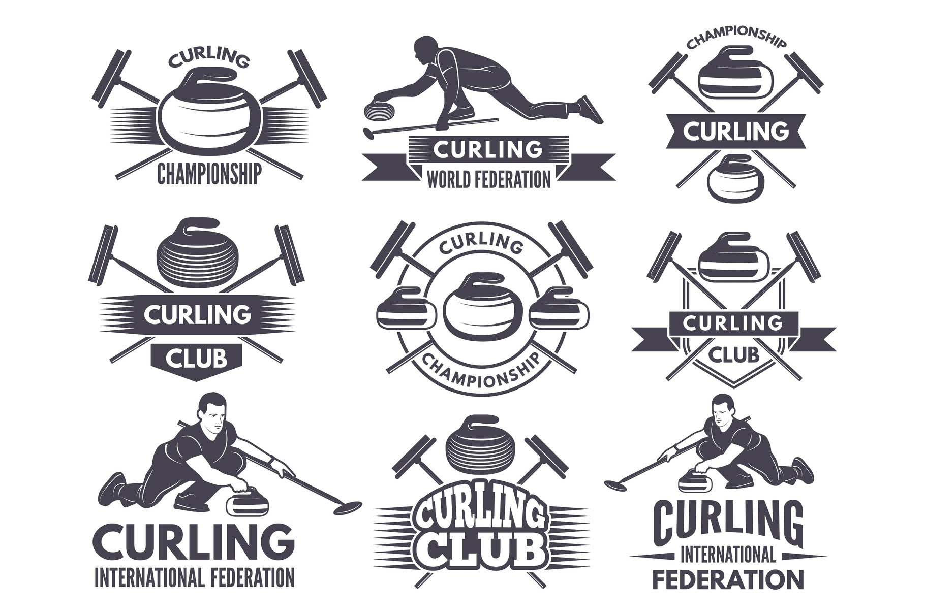 Monochrome badges of curling. Labels for sport teams, a Background ...