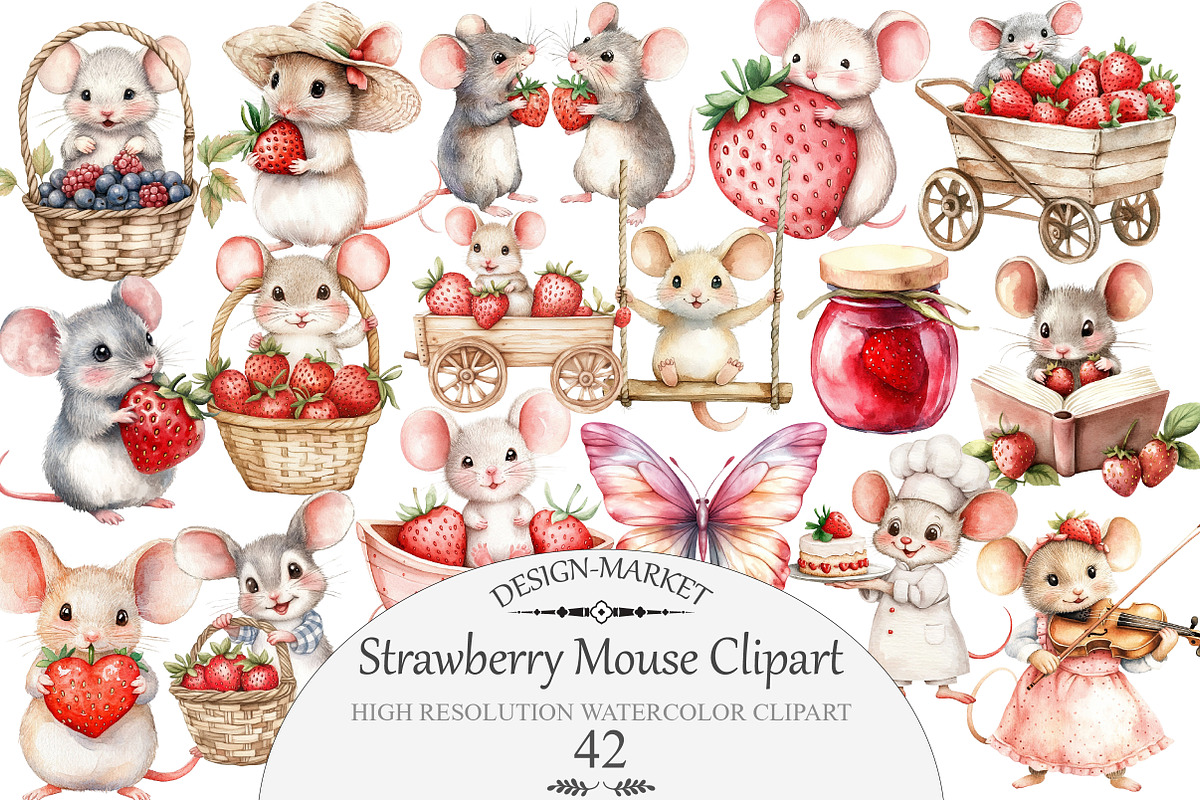Watercolor Strawberry Mouse Clipart, an Illustration by Design Market (Photo 1 of 5)