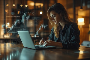 Young woman analyzes market trends a, a Photo by Tanuart