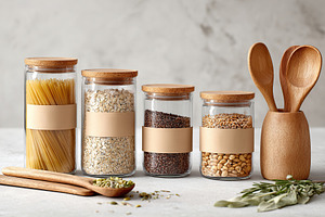 Stylish kitchen mockup featuring labeled jars and wooden utensils for organized, a Photo by AlyaAnd