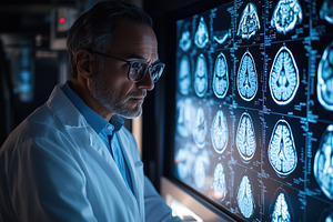 A neurosurgeon medical professional examines brain scans displayed on a screen, a Person Photo by Textures & Backgrounds
