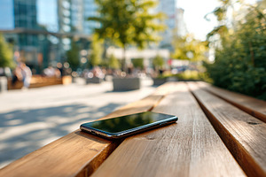Sunlight revealing a smartphone resting quietly on a sleek wooden bench in a bu, a Photo by AlyaAnd