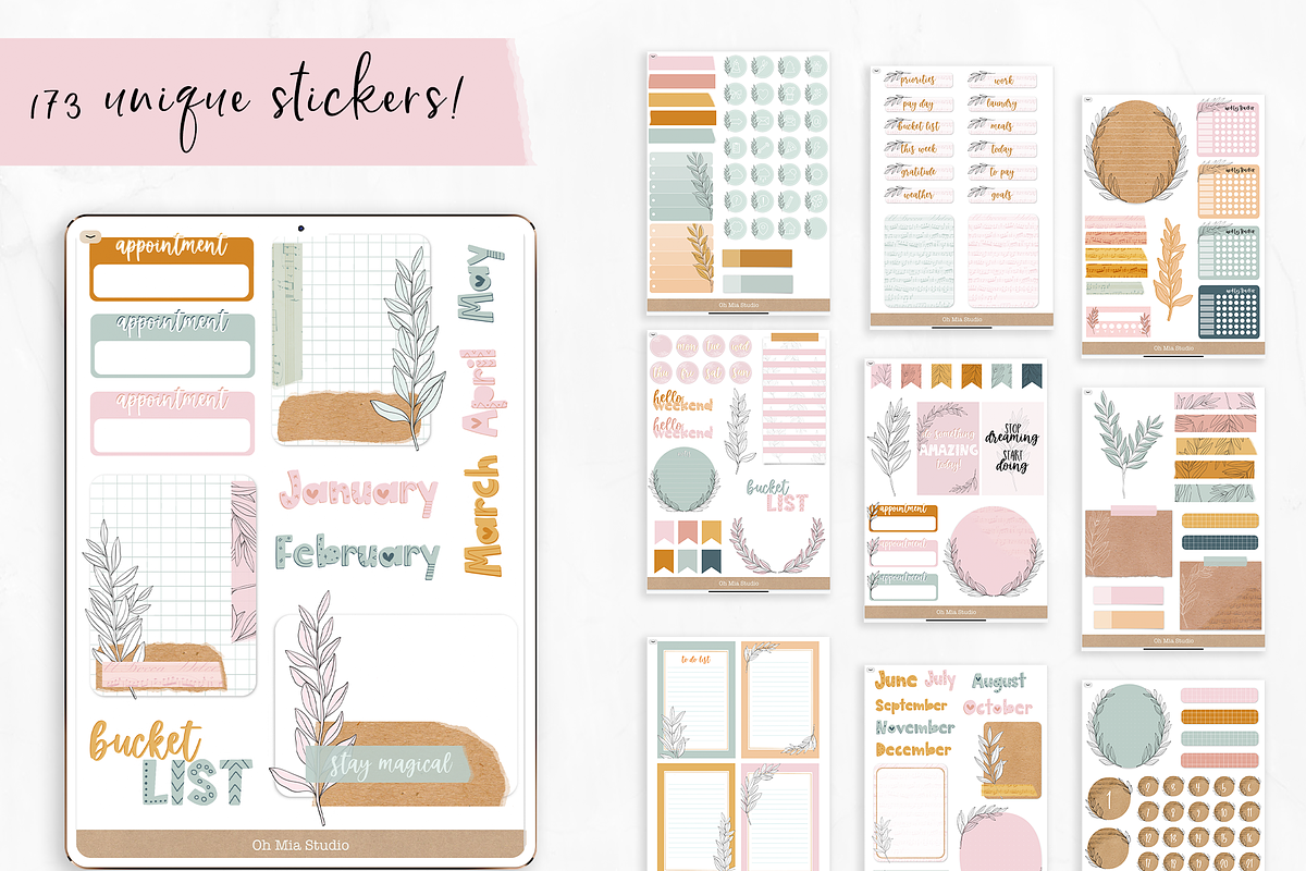 Pink Botanical Digital Stickers Kit, an Illustration by Oh Mia Studio (Photo 2 of 2)