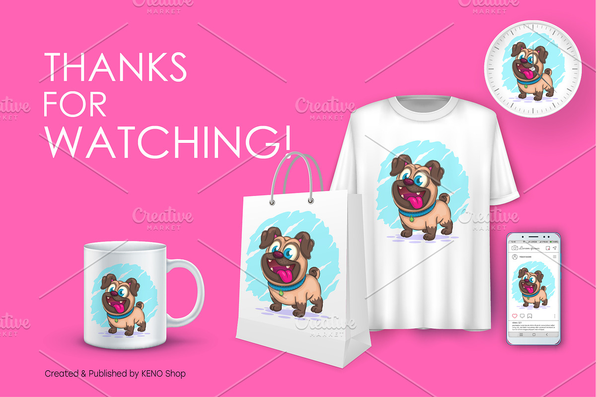 Cute cartoon pug, Tshirt, PNG., an Animal Illustration by KENO Mascots (Photo 6 of 6)