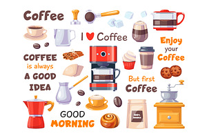 Coffee elements and funny quotes, a Food Illustration by YummyBuum
