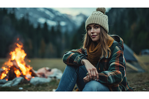 Woman Sitting in Front of Campfire, a Nature Photo by CREATIVEDEF