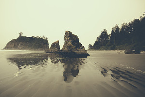 Dramatic rocks along foggy beach featuring beach, washington, and pacific