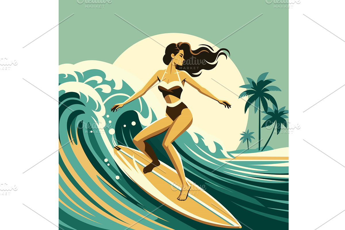 Woman Surfing Flat Design, a Sport Illustration by Malchev