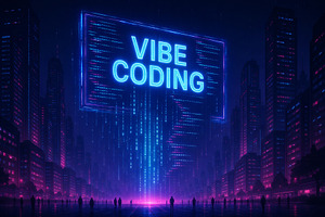 Vibe coding futuristic digital cityscape in neon lights with blu, a Photo by Dvoevnore photos