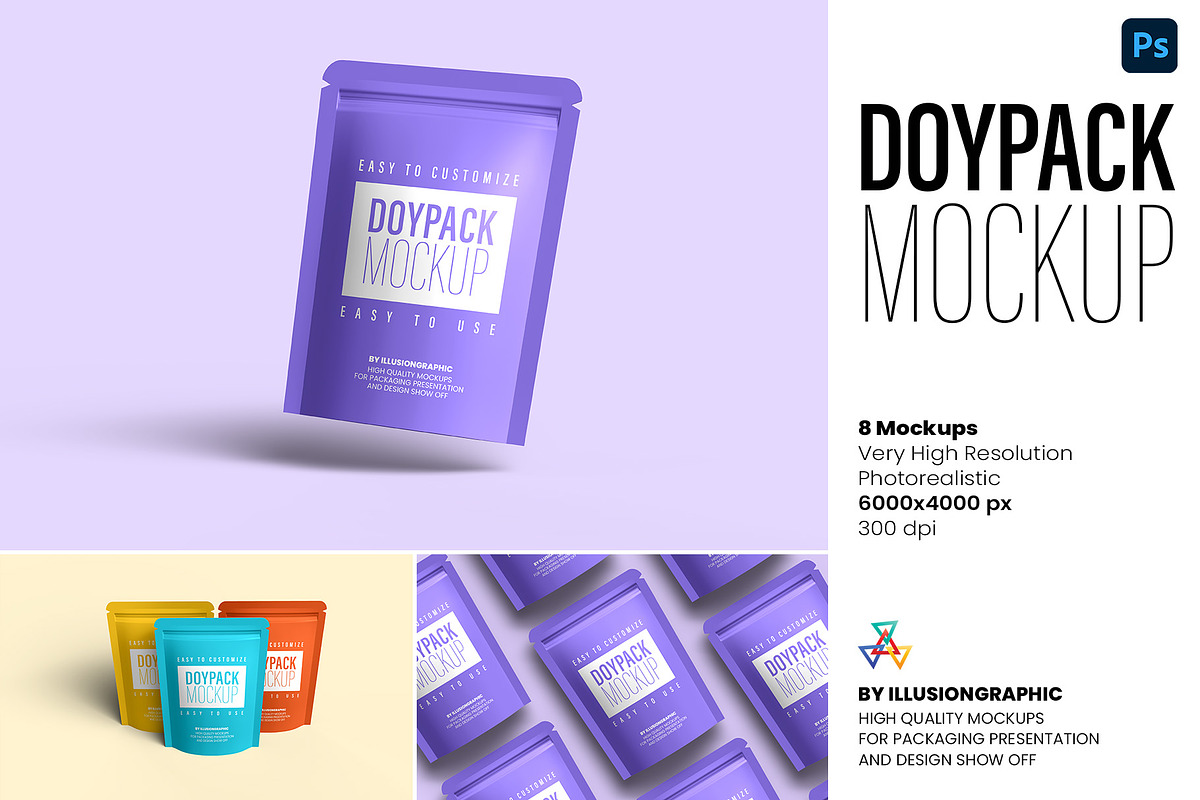 Doypack Mockup - 8 views, a Packaging Mockup by Illusiongraphic (Photo 1 of 19)