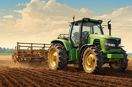 Tractor plowing the field at sunset, tractor preparing the land, an Industrial Photo by Ales Munt