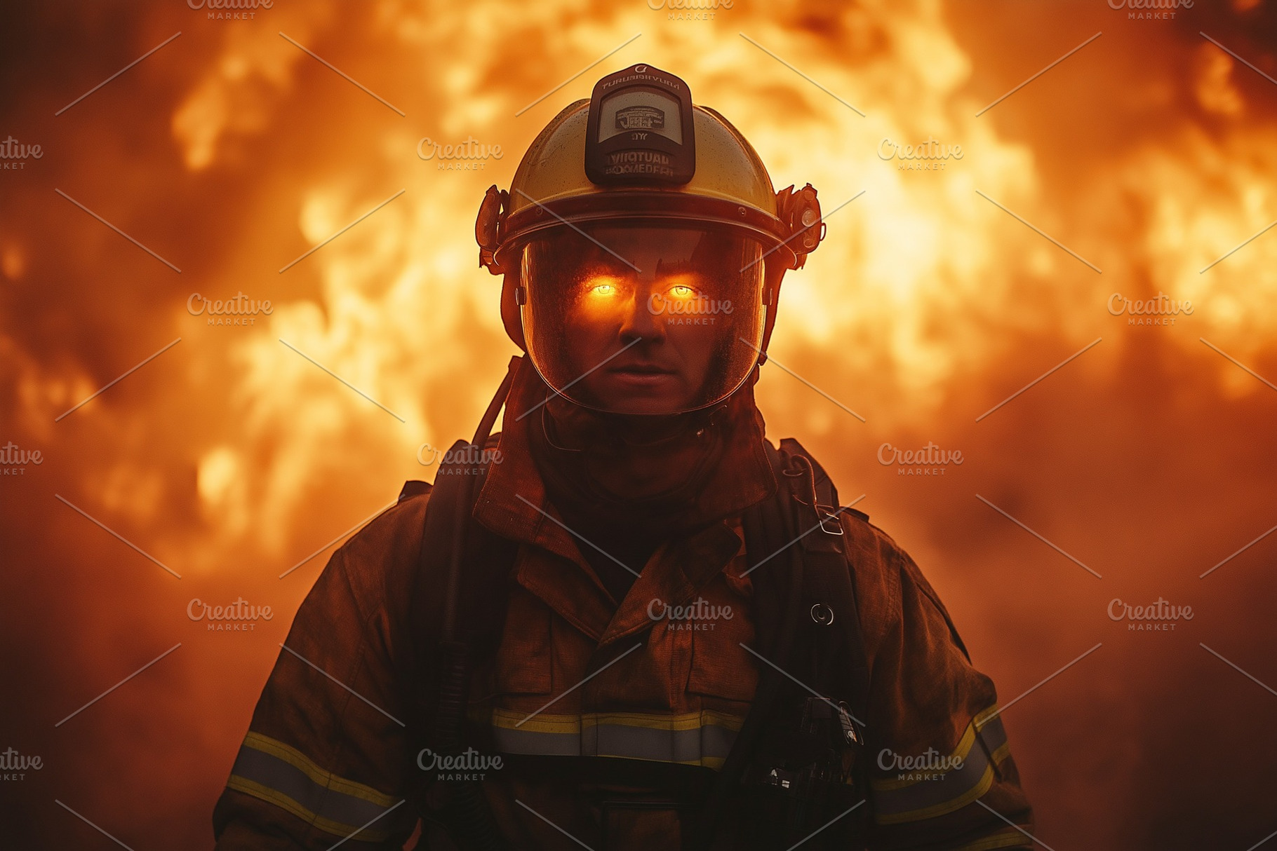 A determined male firefighter stands heroically against a backdrop of flames, s, a Person Photo by ImageMir
