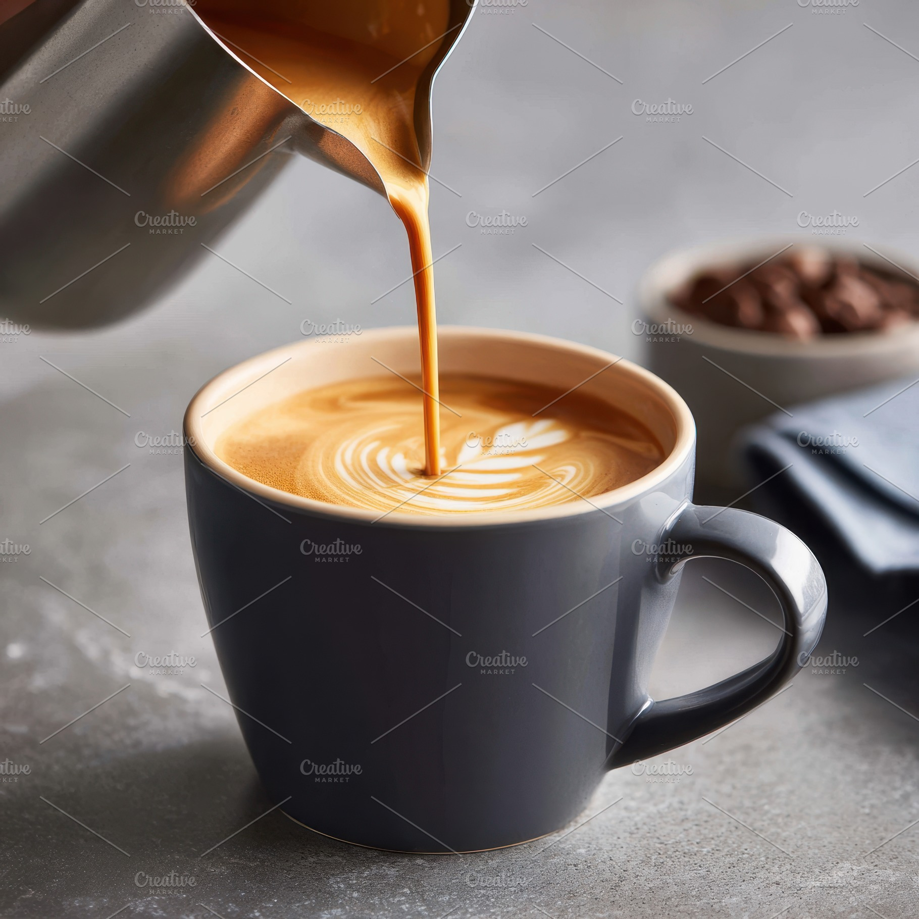 Pouring latte art into a coffee cup, a Food & Drink Photo by AlyaAnd