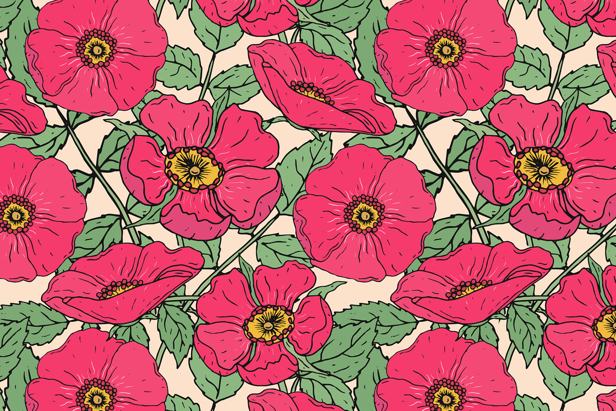 Dog-roses set and seamless pattern, a Decorative Illustration by Good Studio (Photo 3 of 9)