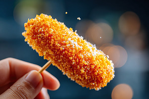 Delicious corn dog coated in golden panko crumbs held by a hand at an outdoor f, a Food & Drink Photo by AlyaAnd