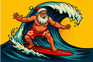 Santa Claus surfing ocean wave in, an Illustration by AlexArt