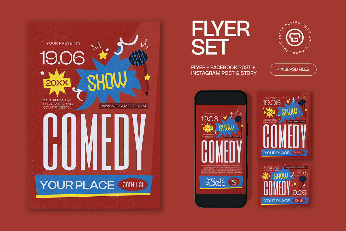 Red Blue Comedy Show Flyer Set