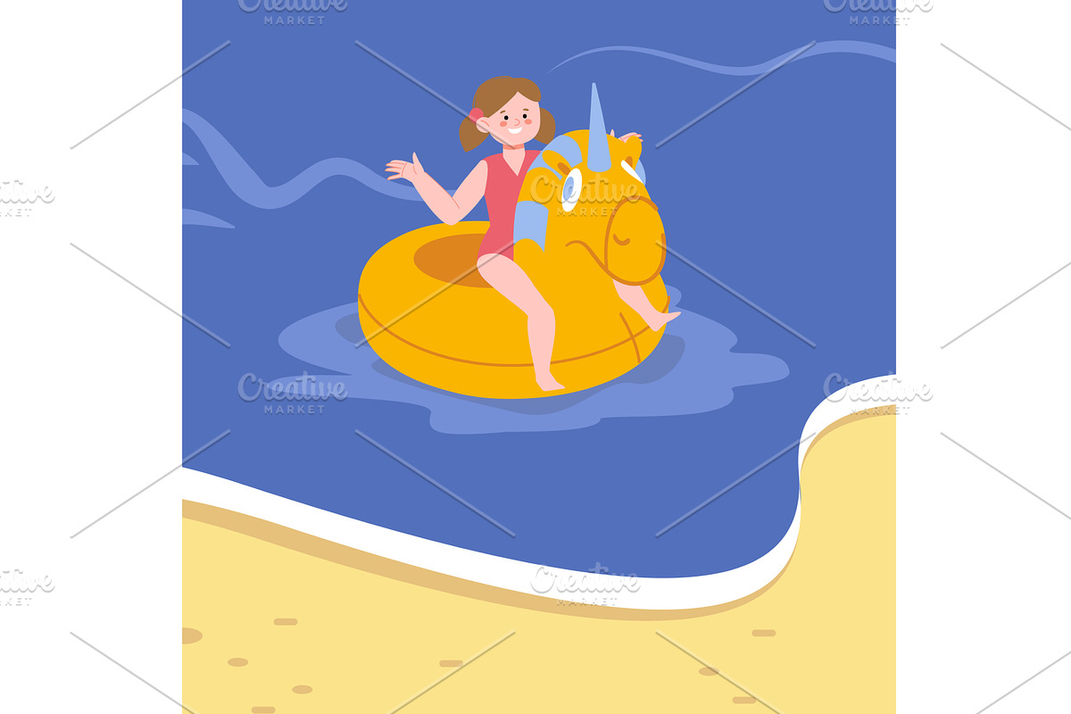 Happy girl floating in sea on rubber, a Sport Illustration by LadadikArt
