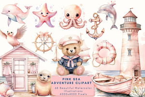 Pink Sea Adventure Clipart, an Illustration by NadiaTheronArt