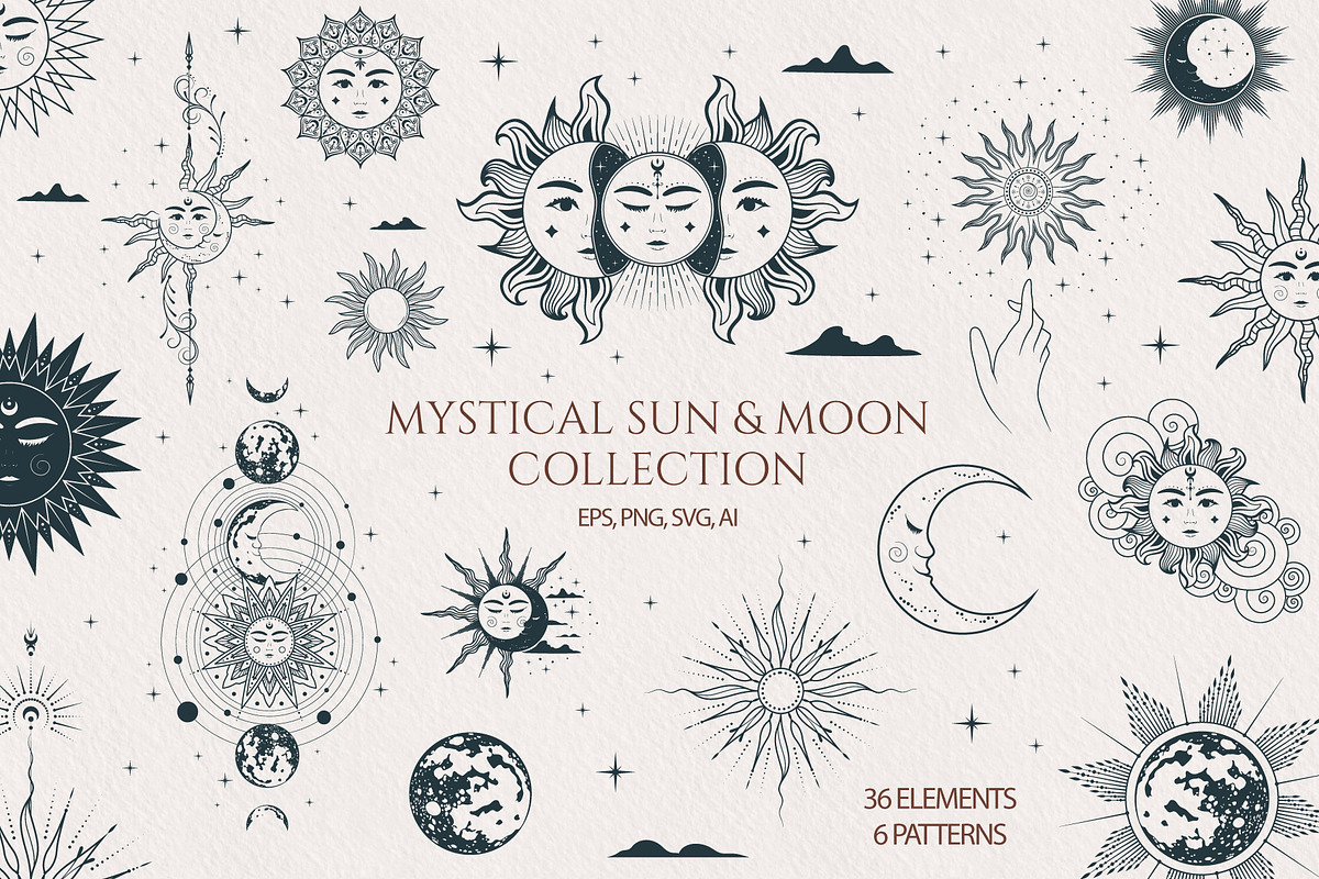Hand drawn Mystical Sun \u0026 Moon Set, image size:1200x800