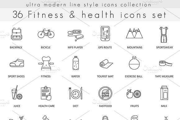 36 Fitness Health Line Icons Set.