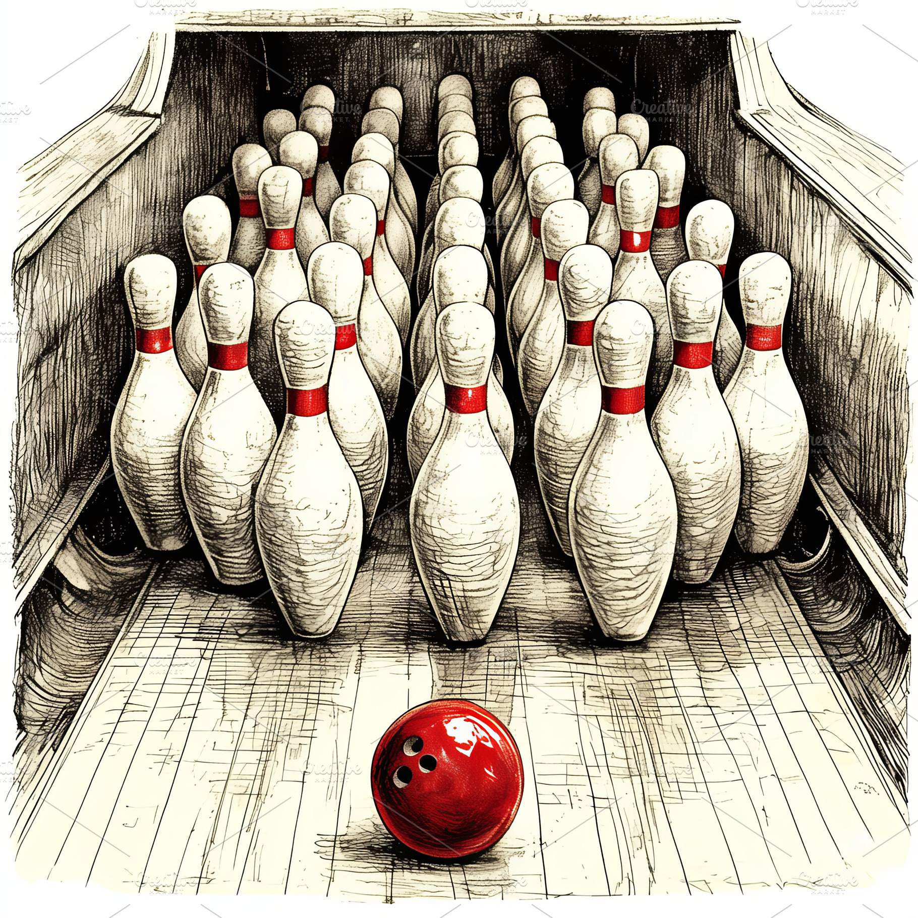 Red bowling ball approaches white pins in a lane illustration, a Photo by AS photostudio