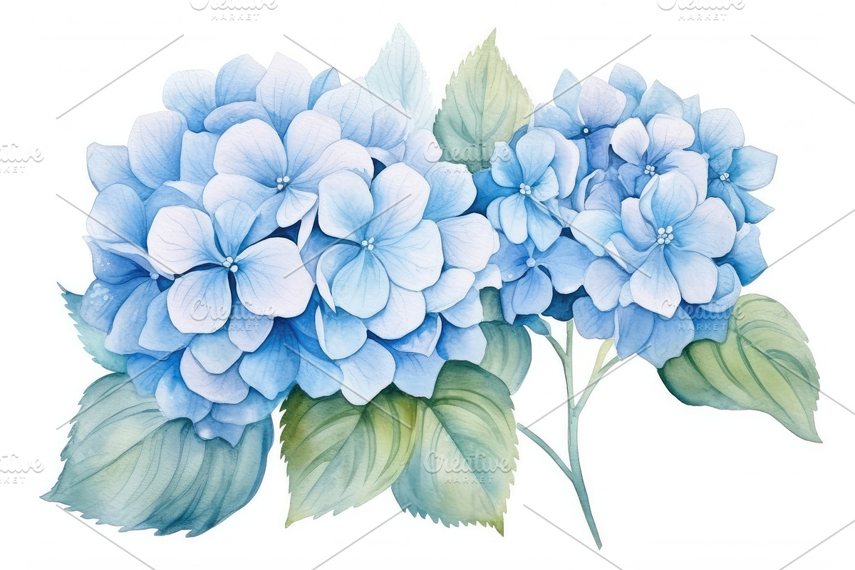 Delicate Watercolor Hydrangeas in Soothing Blue and Green Hues - Generative AI, an Animal Illustration by José Manuel Gelpi