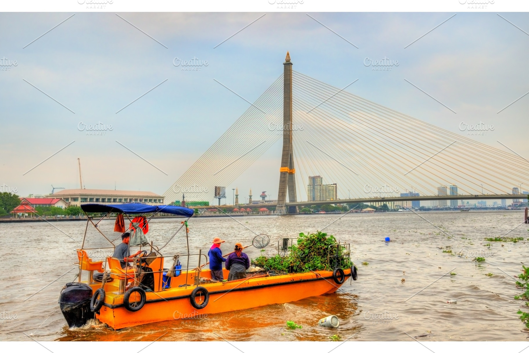 Boat cleaning the Chao Phraya river in Bangkok, Thailand, a Transportation Photo by Leonid Andronov